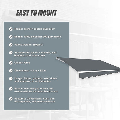 Outdoor Folding Arm Awning Retractable Sunshade Canopy Grey 4.0m x 3.0m V63-842791