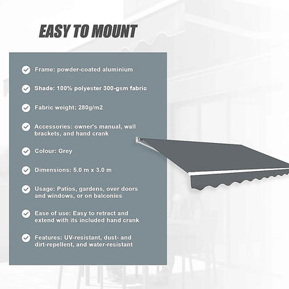 Outdoor Folding Arm Awning Retractable Sunshade Canopy Grey 5.0m x 3.0m V63-842811