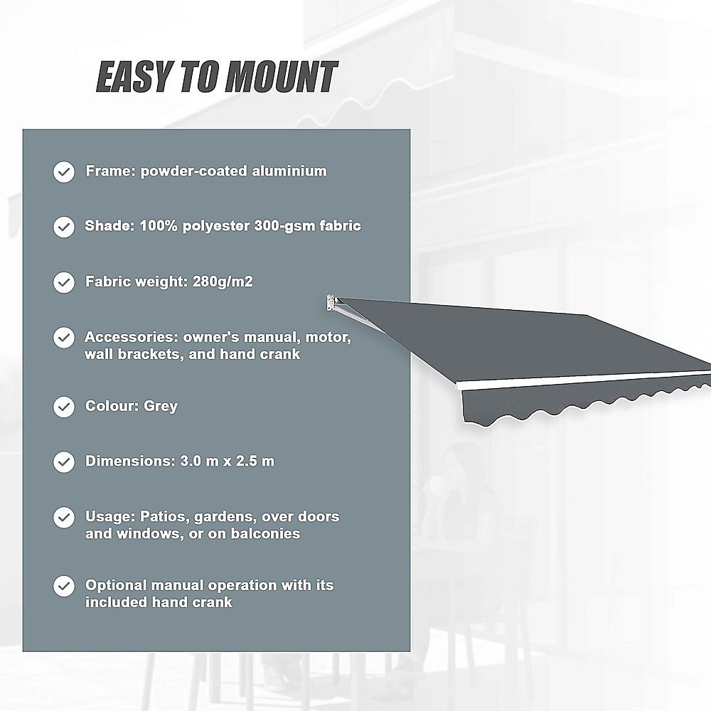 Motorised Outdoor Folding Arm Awning Retractable Sunshade Canopy Grey 3.0m x 2.5m V63-842831