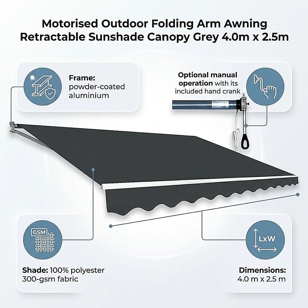 Motorised Outdoor Folding Arm Awning Retractable Sunshade Canopy Grey 4.0m x 2.5m V63-842851