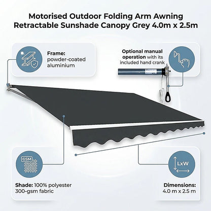 Motorised Outdoor Folding Arm Awning Retractable Sunshade Canopy Grey 4.0m x 2.5m V63-842851