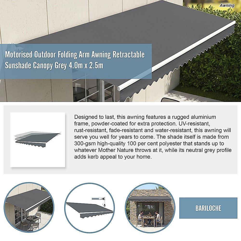 Motorised Outdoor Folding Arm Awning Retractable Sunshade Canopy Grey 4.0m x 2.5m V63-842851