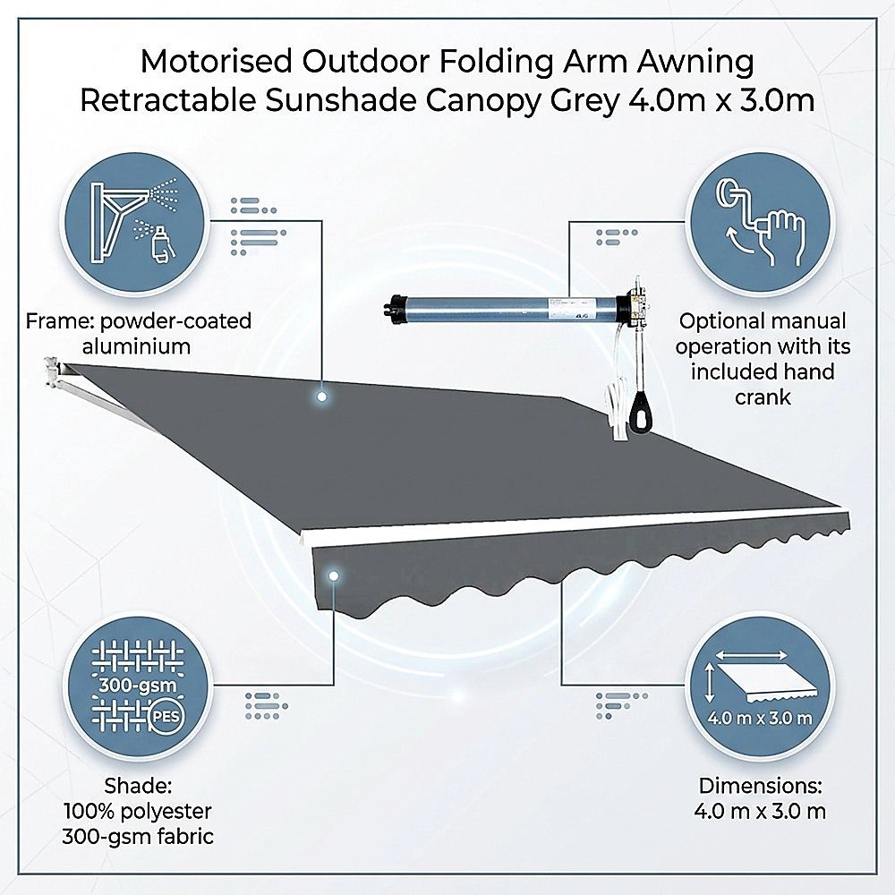 Motorised Outdoor Folding Arm Awning Retractable Sunshade Canopy Grey 4.0m x 3.0m V63-842871