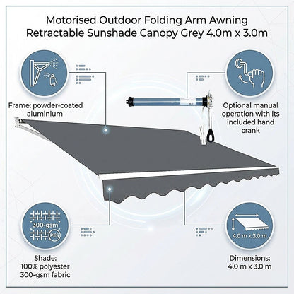 Motorised Outdoor Folding Arm Awning Retractable Sunshade Canopy Grey 4.0m x 3.0m V63-842871