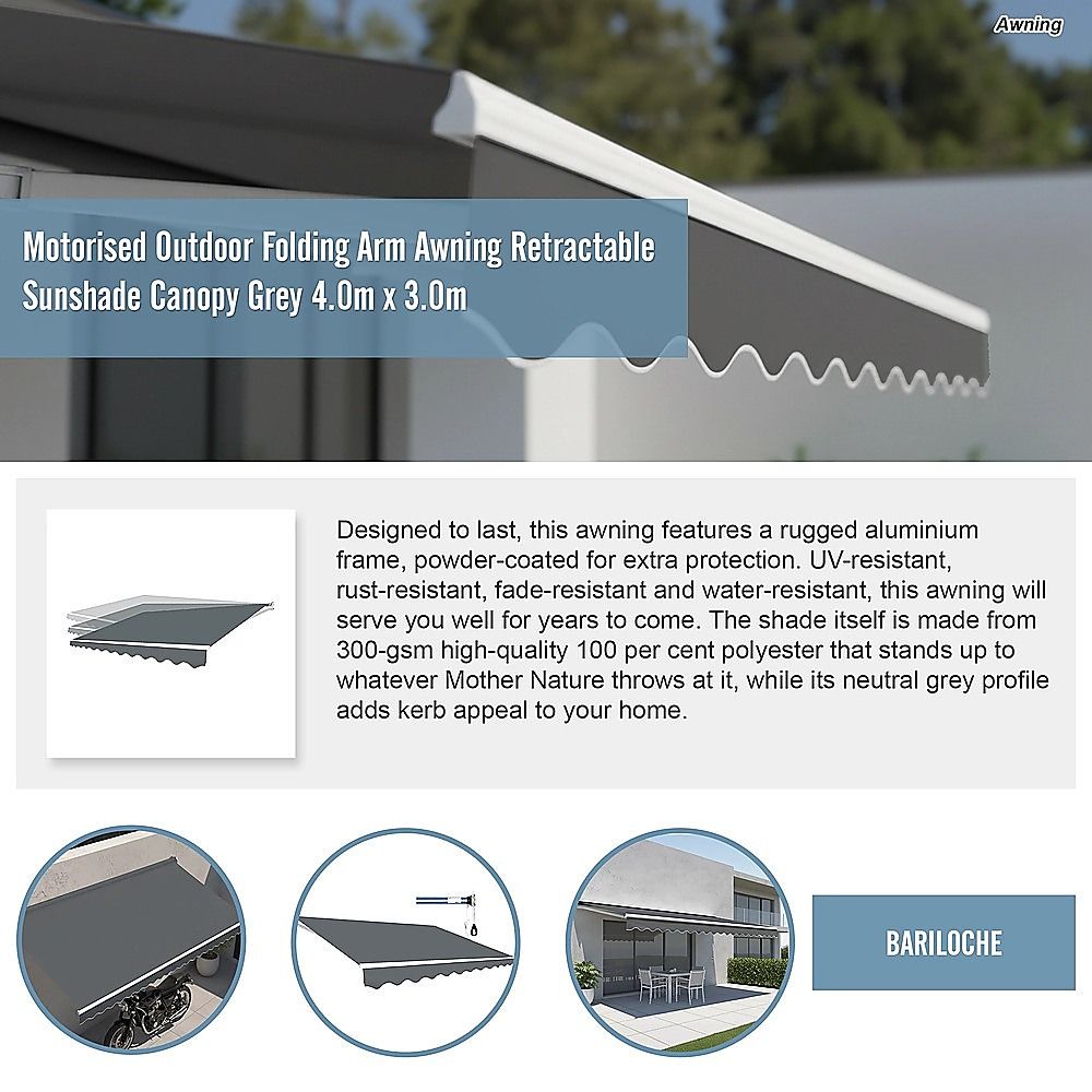 Motorised Outdoor Folding Arm Awning Retractable Sunshade Canopy Grey 4.0m x 3.0m V63-842871