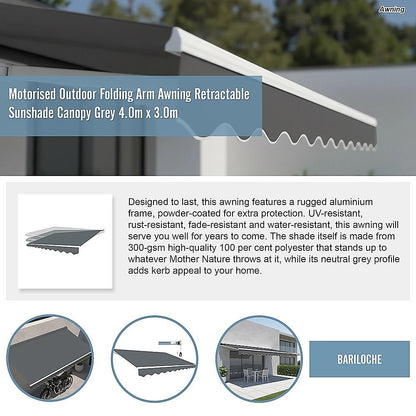 Motorised Outdoor Folding Arm Awning Retractable Sunshade Canopy Grey 4.0m x 3.0m V63-842871