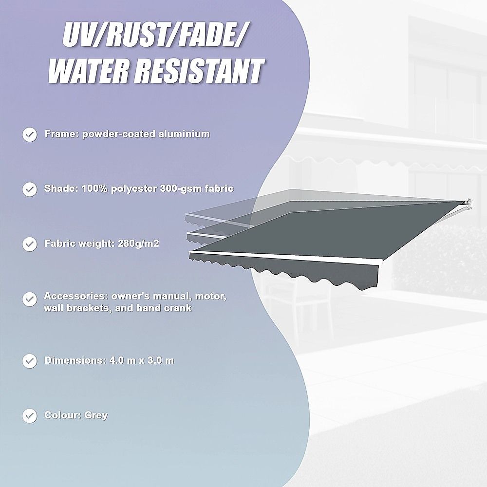 Motorised Outdoor Folding Arm Awning Retractable Sunshade Canopy Grey 4.0m x 3.0m V63-842871
