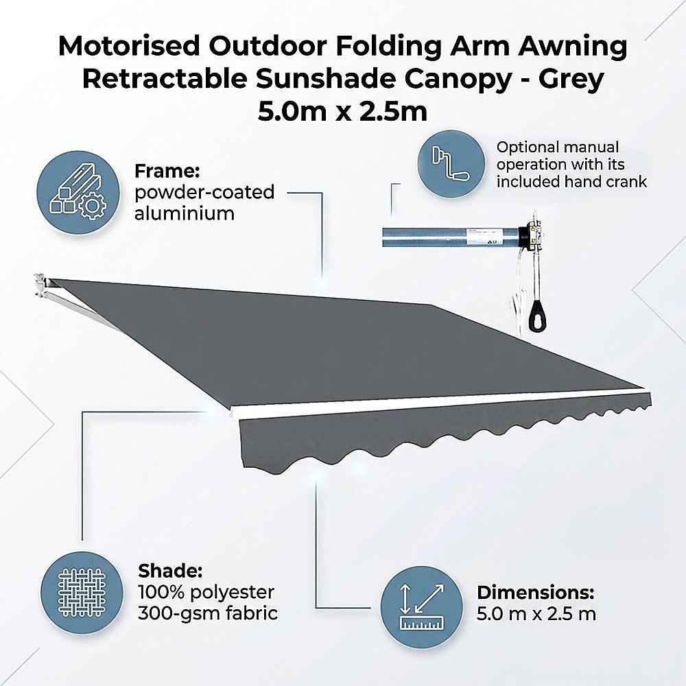 Motorised Outdoor Folding Arm Awning Retractable Sunshade Canopy Grey 5.0m x 2.5m V63-842891