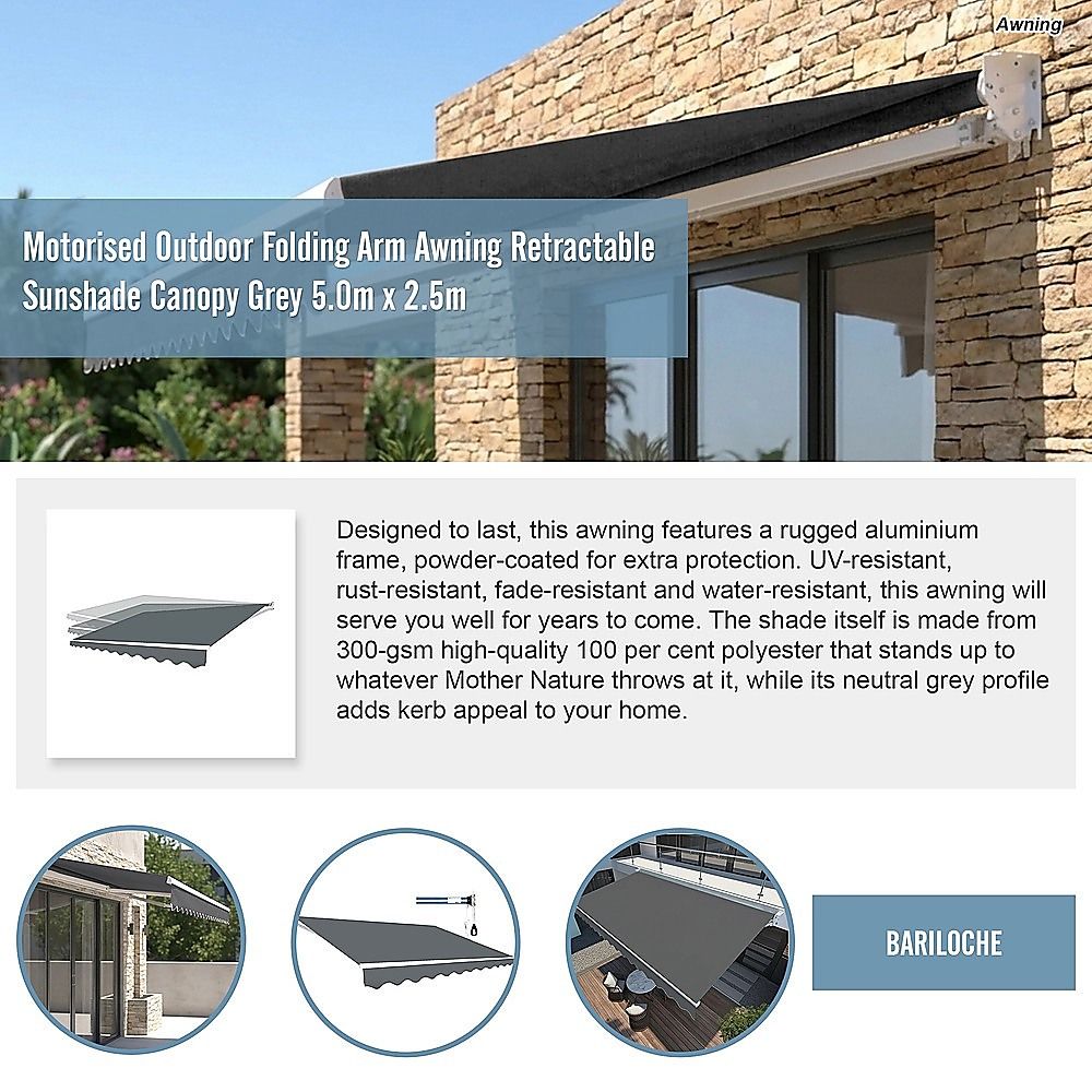 Motorised Outdoor Folding Arm Awning Retractable Sunshade Canopy Grey 5.0m x 2.5m V63-842891