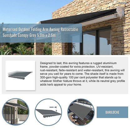 Motorised Outdoor Folding Arm Awning Retractable Sunshade Canopy Grey 5.0m x 2.5m V63-842891