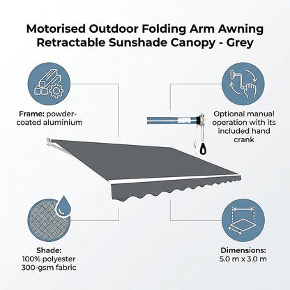Motorised Outdoor Folding Arm Awning Retractable Sunshade Canopy Grey 5.0m x 3.0m V63-842911