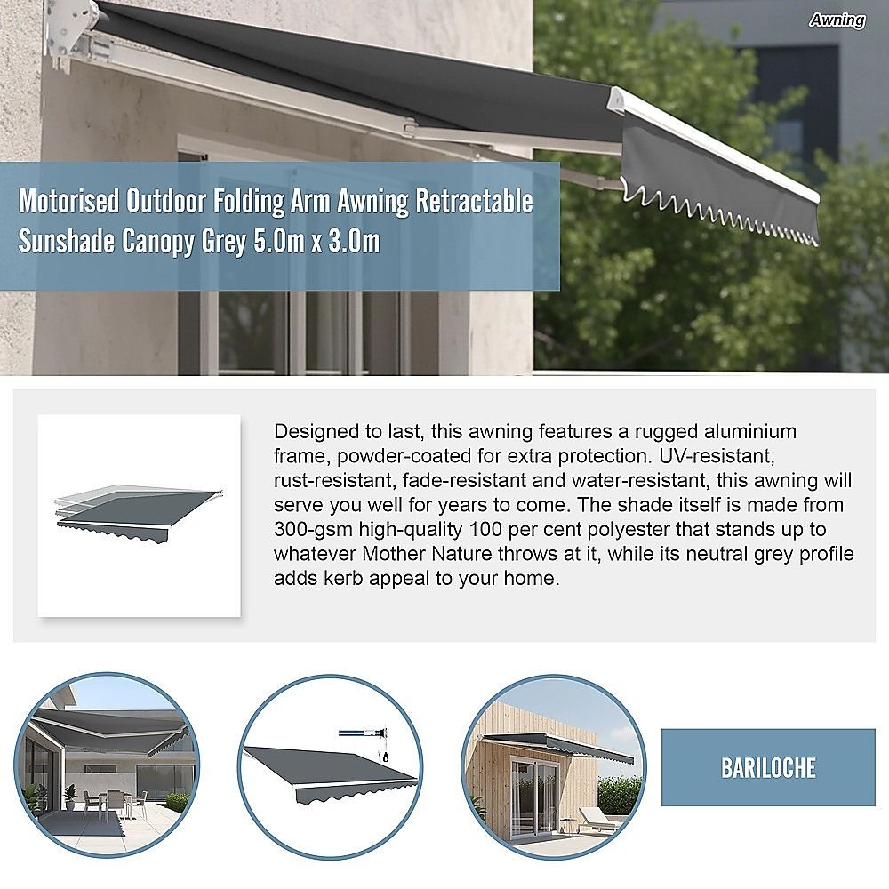 Motorised Outdoor Folding Arm Awning Retractable Sunshade Canopy Grey 5.0m x 3.0m V63-842911