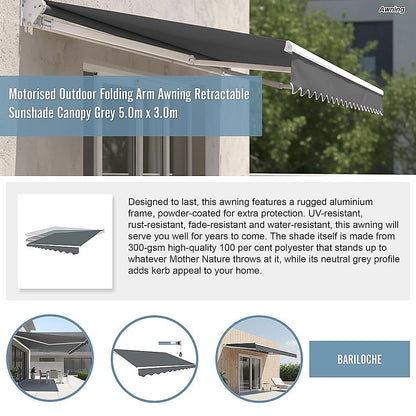 Motorised Outdoor Folding Arm Awning Retractable Sunshade Canopy Grey 5.0m x 3.0m V63-842911