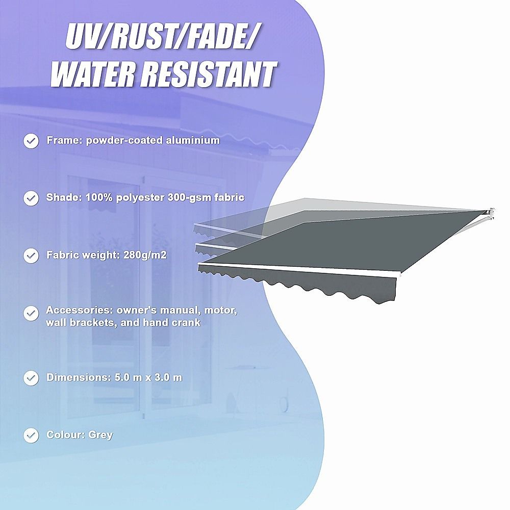 Motorised Outdoor Folding Arm Awning Retractable Sunshade Canopy Grey 5.0m x 3.0m V63-842911