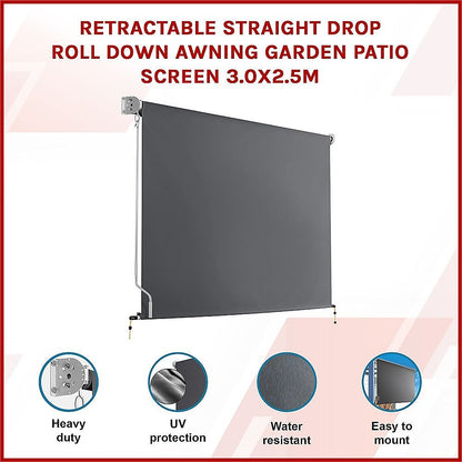 Retractable Straight Drop Roll Down Awning Garden Patio Screen 3.0X2.5M V63-842951