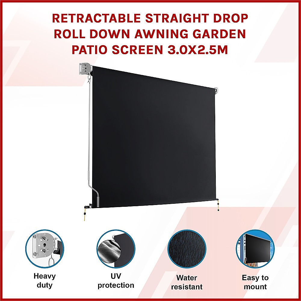 Retractable Straight Drop Roll Down Awning Garden Patio Screen 3.0X2.5M V63-842961