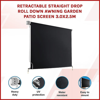 Retractable Straight Drop Roll Down Awning Garden Patio Screen 3.0X2.5M V63-842961