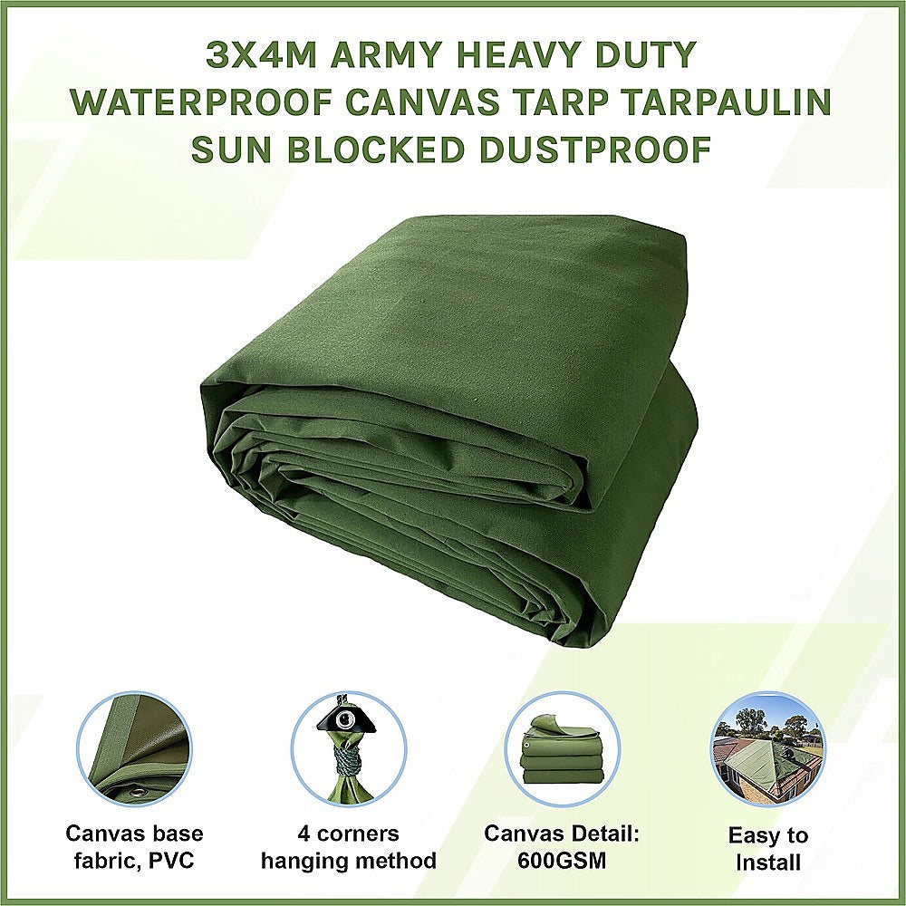 3x4M Army Heavy Duty Waterproof Canvas Tarp Tarpaulin Sun Blocked Dustproof V63-843021