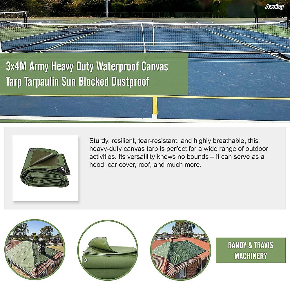 3x4M Army Heavy Duty Waterproof Canvas Tarp Tarpaulin Sun Blocked Dustproof V63-843021