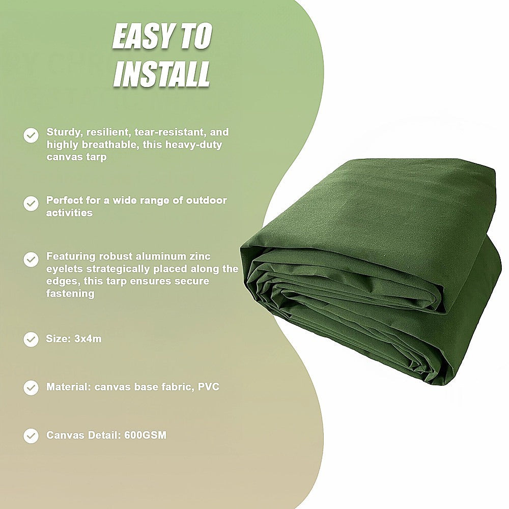 3x4M Army Heavy Duty Waterproof Canvas Tarp Tarpaulin Sun Blocked Dustproof V63-843021