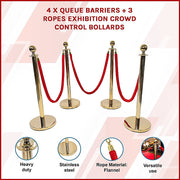 4 x Queue Barriers + 3 Ropes Exhibition Crowd Control Bollards V63-844481