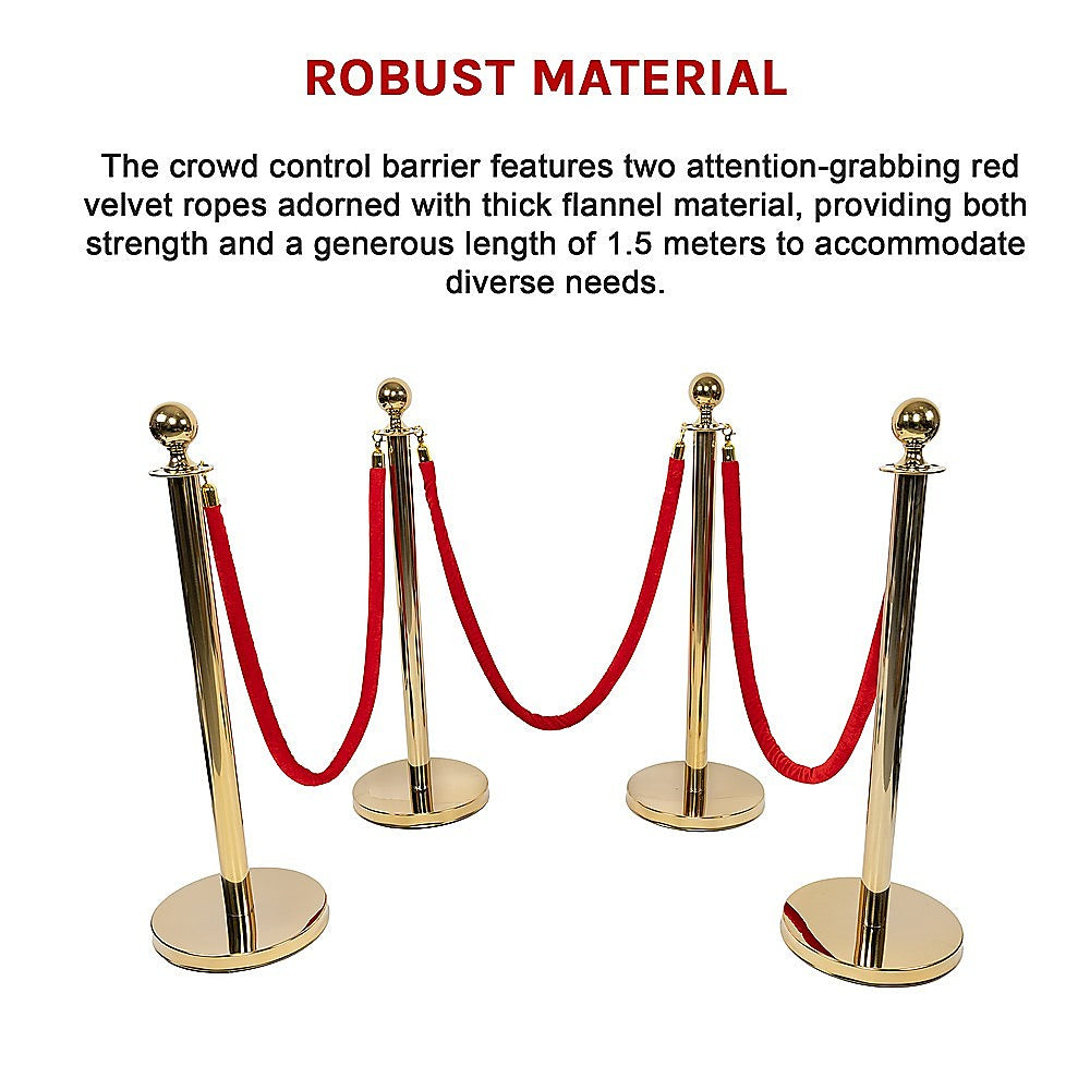 4 x Queue Barriers + 3 Ropes Exhibition Crowd Control Bollards V63-844481