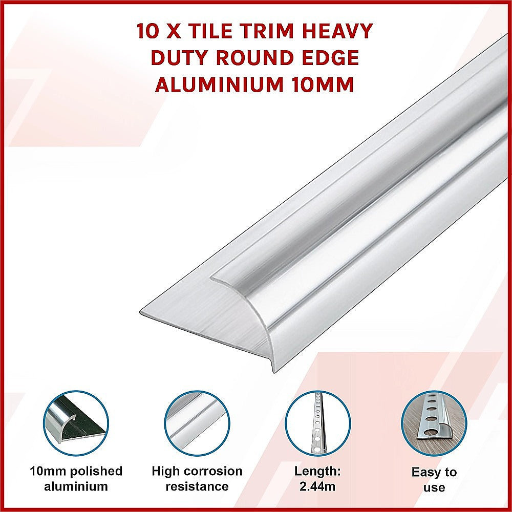 10 x Tile Trim Heavy Duty Round Edge Aluminium 10mm V63-844581