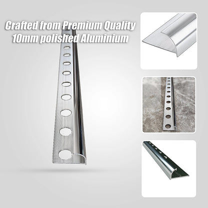 10 x Tile Trim Heavy Duty Round Edge Aluminium 10mm V63-844581