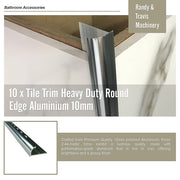 10 x Tile Trim Heavy Duty Round Edge Aluminium 10mm V63-844581