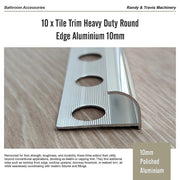 10 x Tile Trim Heavy Duty Round Edge Aluminium 10mm V63-844581