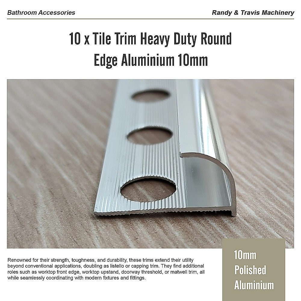 10 x Tile Trim Heavy Duty Round Edge Aluminium 10mm V63-844581