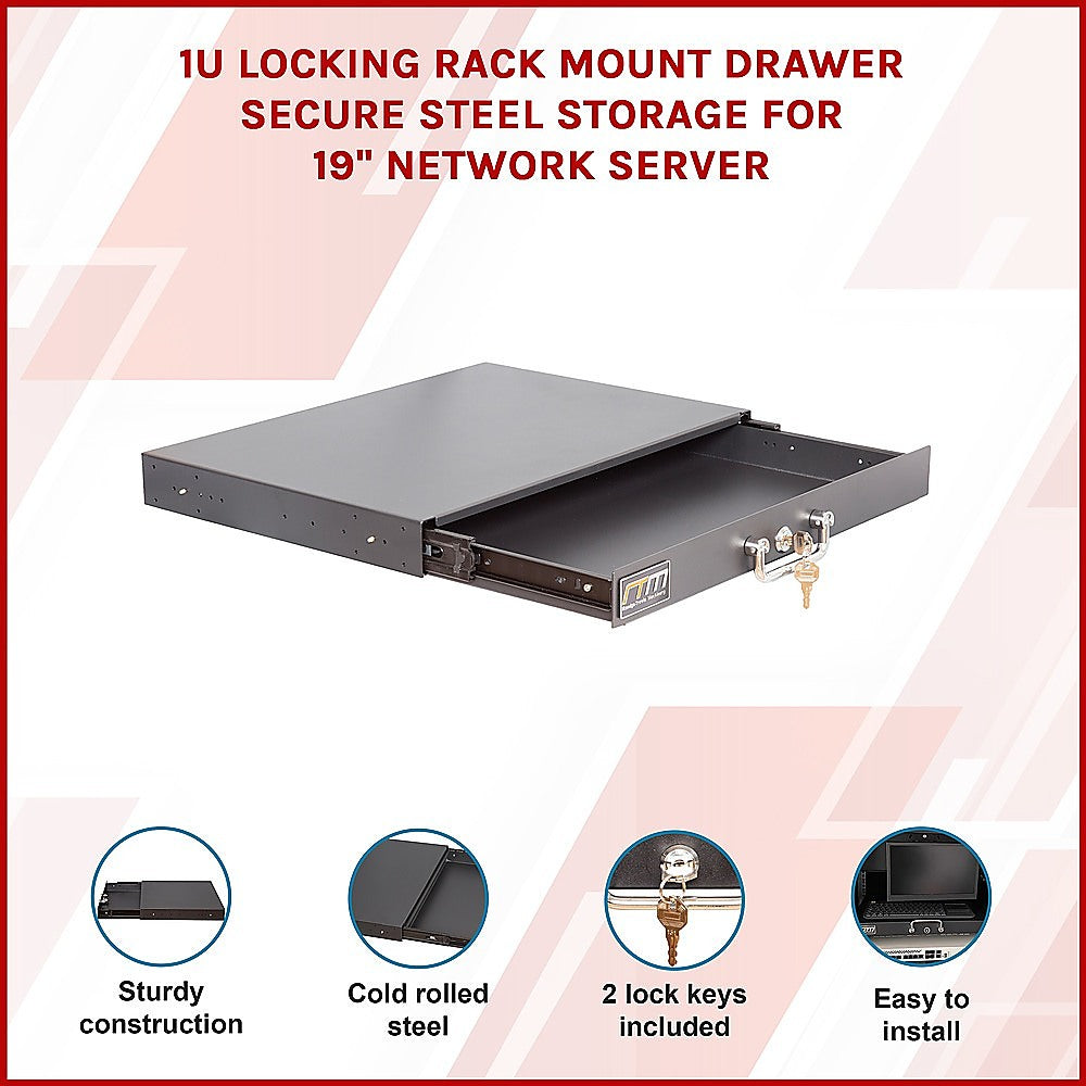 1U Locking Rack Mount Drawer Secure Steel Storage for 19" Network Server V63-844661