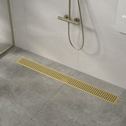 900mm Bathroom Shower Brushed Brass Grate Drain w/ Centre outlet Floor Waste Square Pattern V63-844701