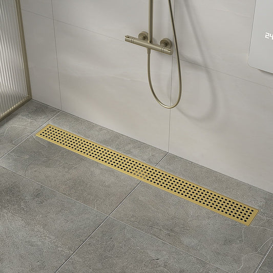 900mm Bathroom Shower Brushed Brass Grate Drain w/ Centre outlet Floor Waste Square Pattern V63-844701
