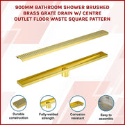 900mm Bathroom Shower Brushed Brass Grate Drain w/ Centre outlet Floor Waste Square Pattern V63-844701