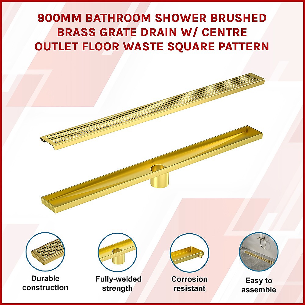 900mm Bathroom Shower Brushed Brass Grate Drain w/ Centre outlet Floor Waste Square Pattern V63-844701