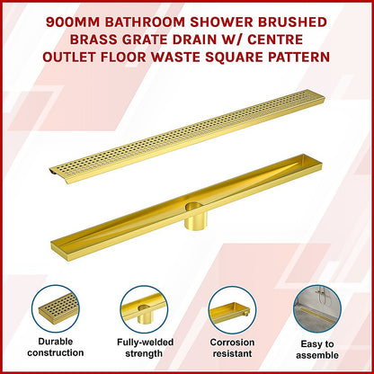 900mm Bathroom Shower Brushed Brass Grate Drain w/ Centre outlet Floor Waste Square Pattern V63-844701