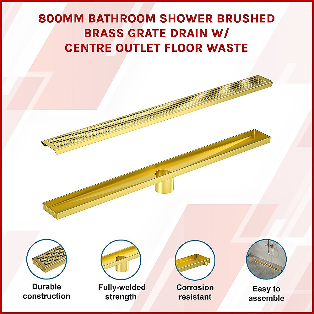 800mm Bathroom Shower Brushed Brass Grate Drain w/ Centre outlet Floor Waste V63-844711