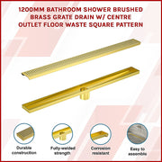 1200mm Bathroom Shower Brushed Brass Grate Drain w/ Centre outlet Floor Waste Square Pattern V63-844721
