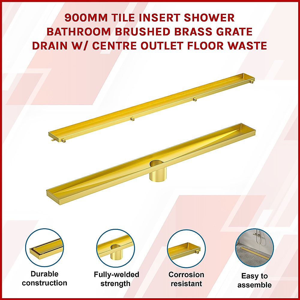 900mm Tile Insert Bathroom Shower Brushed Brass Grate Drain w/ Centre outlet Floor Waste V63-844741
