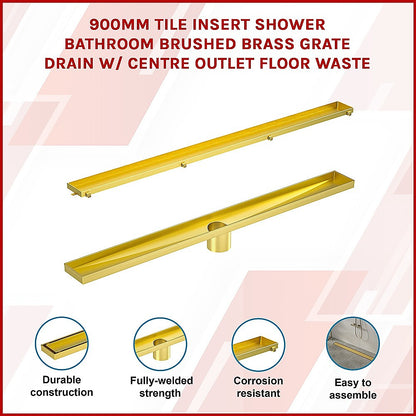 900mm Tile Insert Bathroom Shower Brushed Brass Grate Drain w/ Centre outlet Floor Waste V63-844741