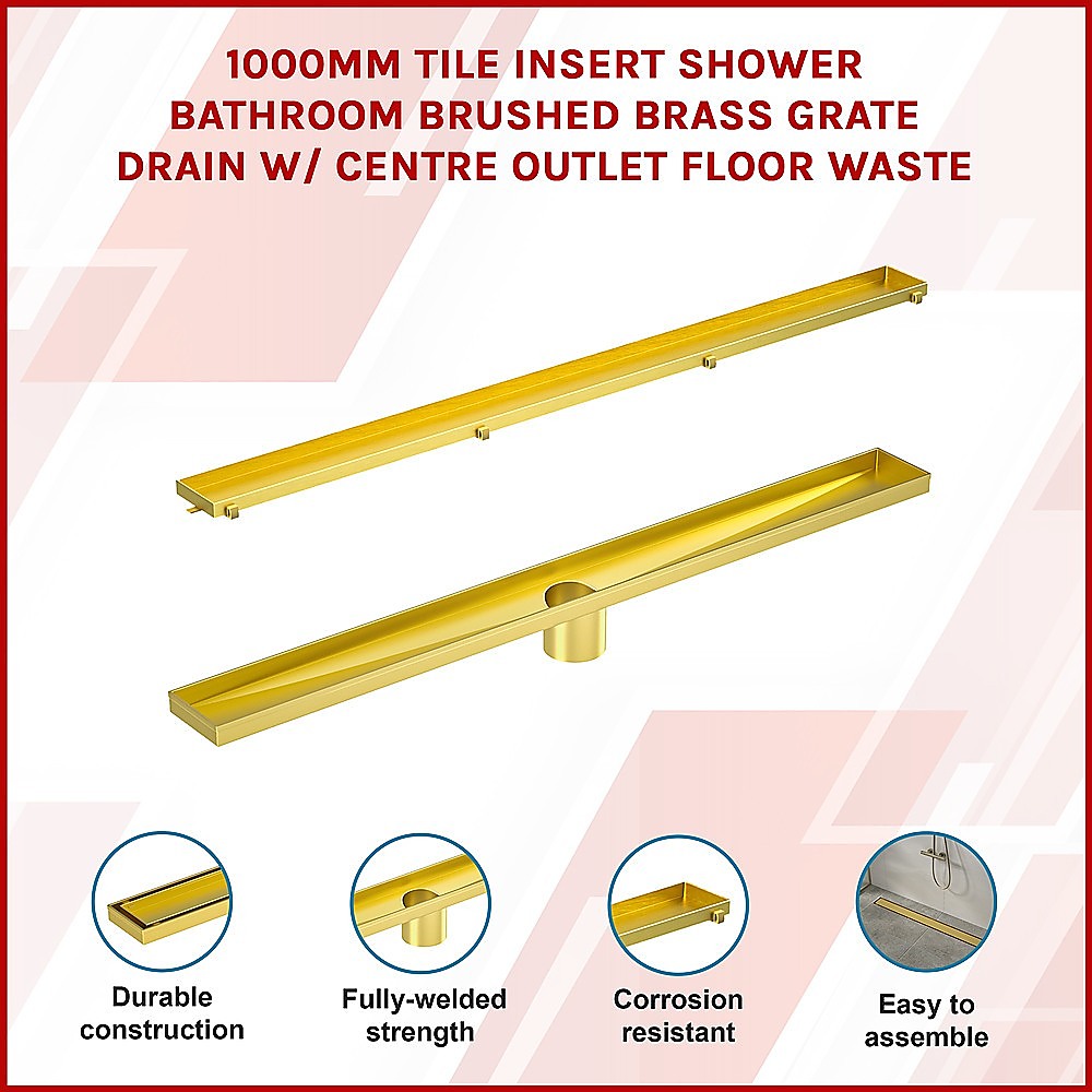 1000mm Tile Insert Bathroom Shower Brushed Brass Grate Drain w/Centre outlet Floor Waste V63-844751