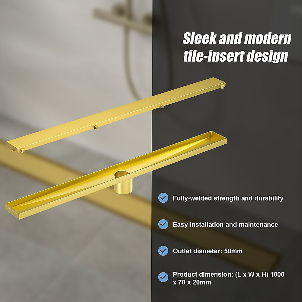 1000mm Tile Insert Bathroom Shower Brushed Brass Grate Drain w/Centre outlet Floor Waste V63-844751