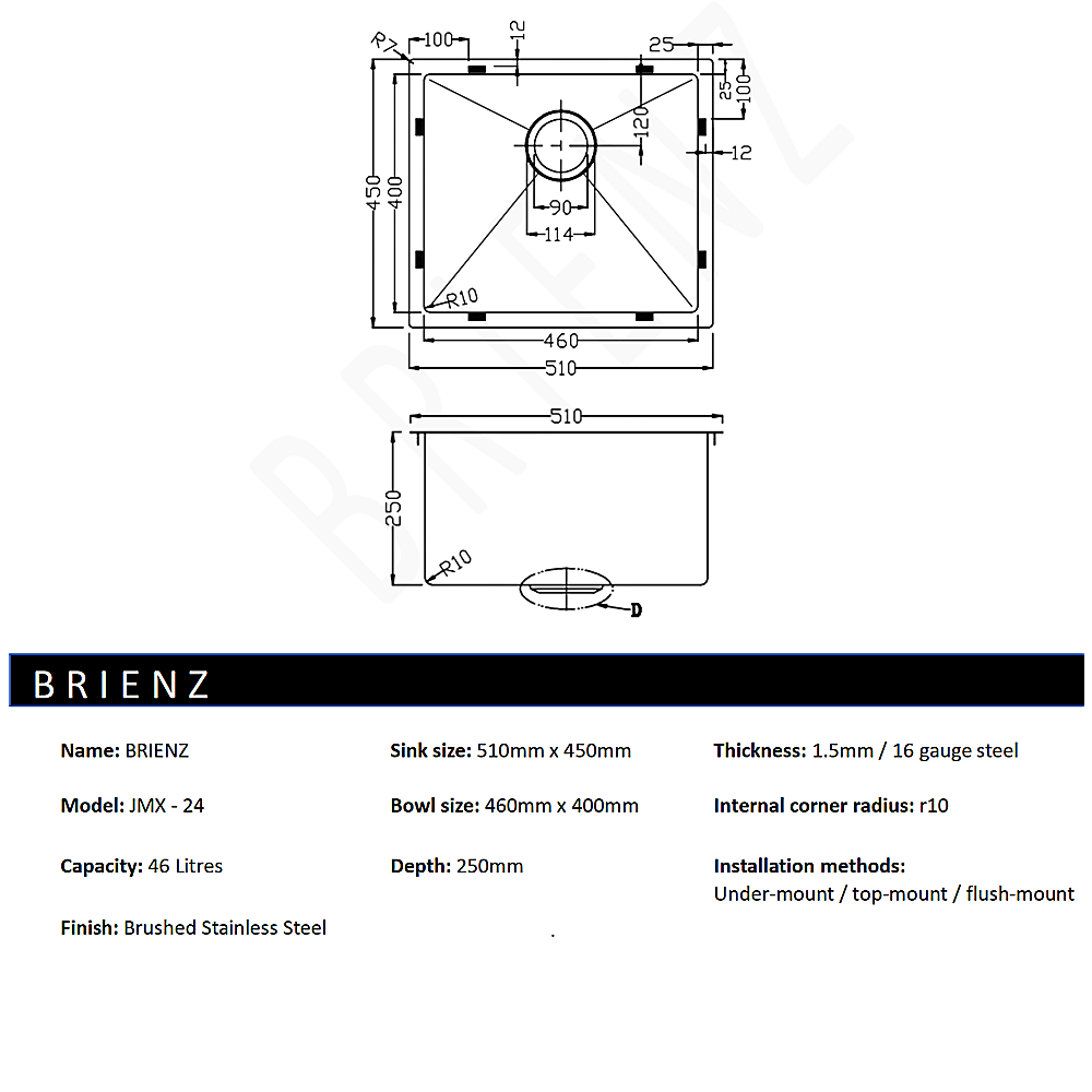 510x450mm Handmade Stainless Steel Undermount / Topmount Kitchen Laundry Sink with Waste V63-846381