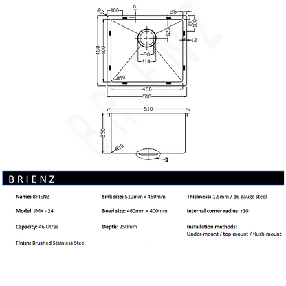 510x450mm Handmade Stainless Steel Undermount / Topmount Kitchen Laundry Sink with Waste V63-846381