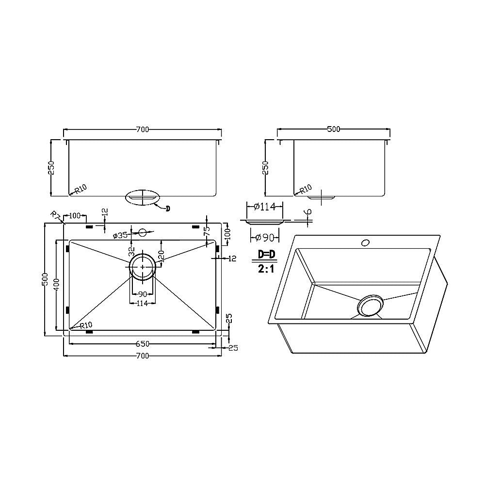 700x500mm Handmade Stainless Steel Undermount / Topmount Kitchen Laundry Sink with Waste V63-846471