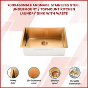 700x450mm Handmade Stainless Steel Undermount / Topmount Kitchen Laundry Sink with Waste V63-846491