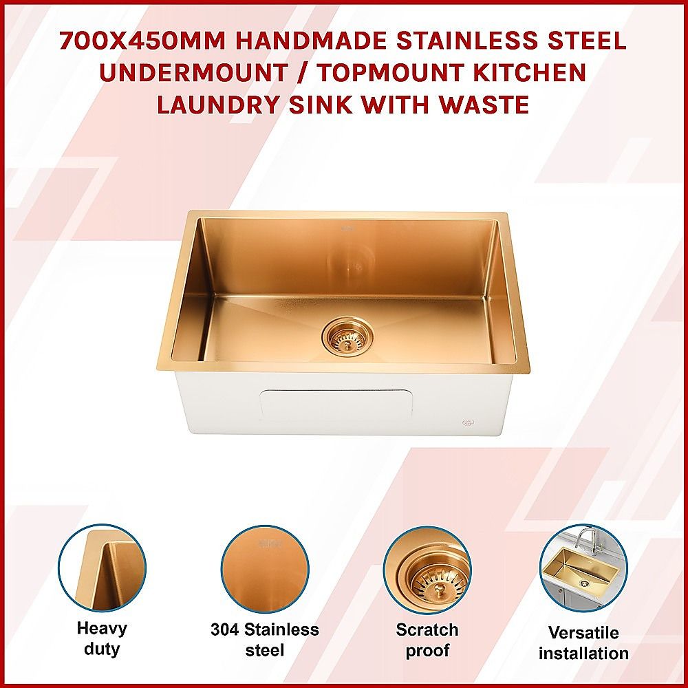 700x450mm Handmade Stainless Steel Undermount / Topmount Kitchen Laundry Sink with Waste V63-846491