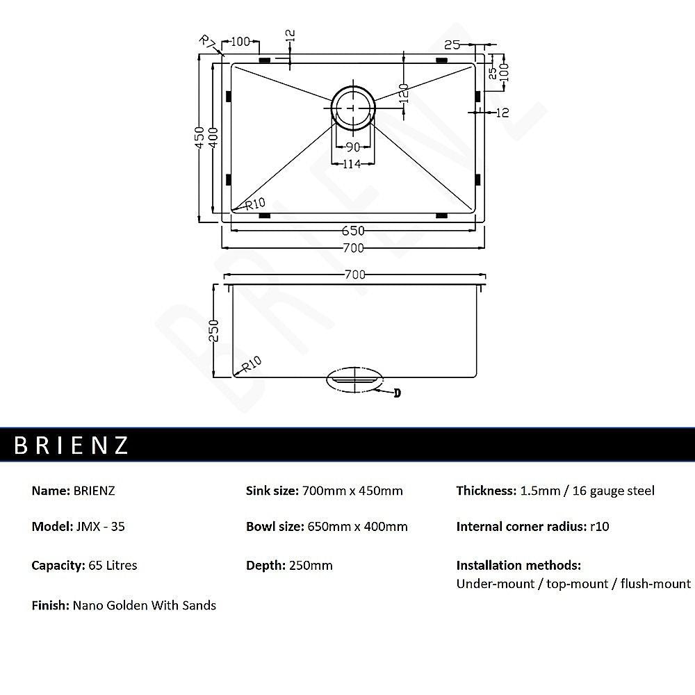 700x450mm Handmade Stainless Steel Undermount / Topmount Kitchen Laundry Sink with Waste V63-846491