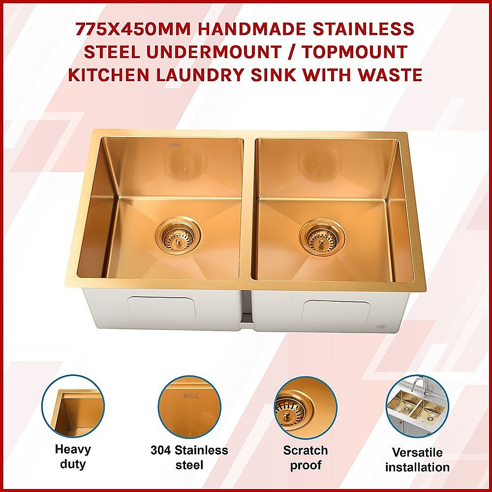 775x450mm Handmade Stainless Steel Undermount / Topmount Kitchen Laundry Sink with Waste V63-846511